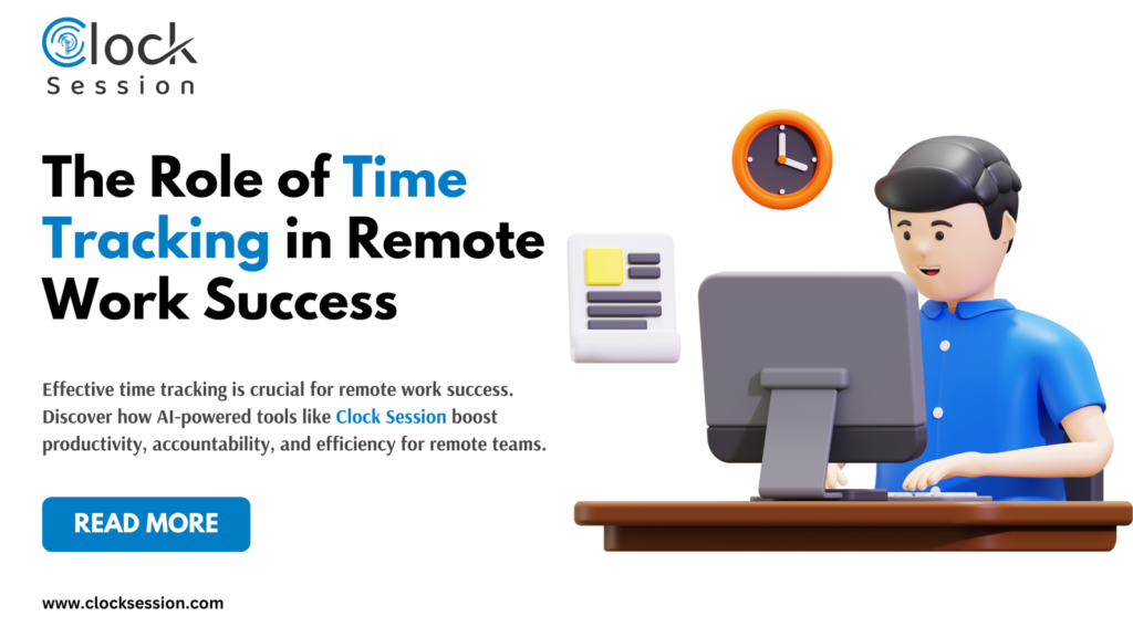 A digital illustration of a remote worker sitting at a desk with a computer, accompanied by a clock and task list icons, representing time tracking and productivity.